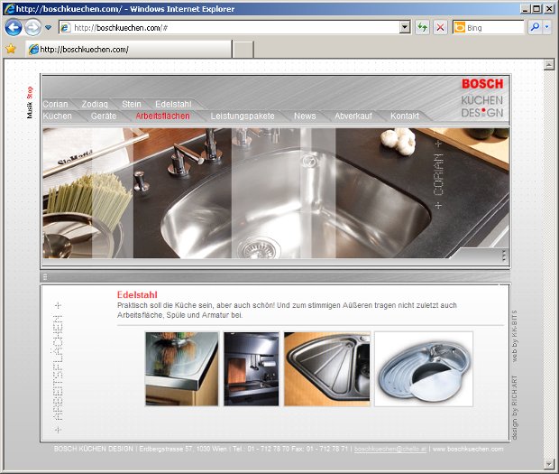 Bosch-Küchenstudio-Webseite mit Spülbecken und Produktbildern