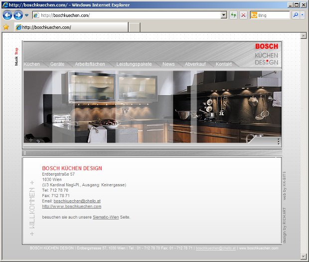 Bosch-Küchenstudio-Webseite mit Küchenfoto und Kontaktdaten