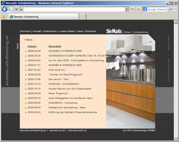SieMatic-Webseite von 2004 mit Neuigkeiten und Küchenfoto