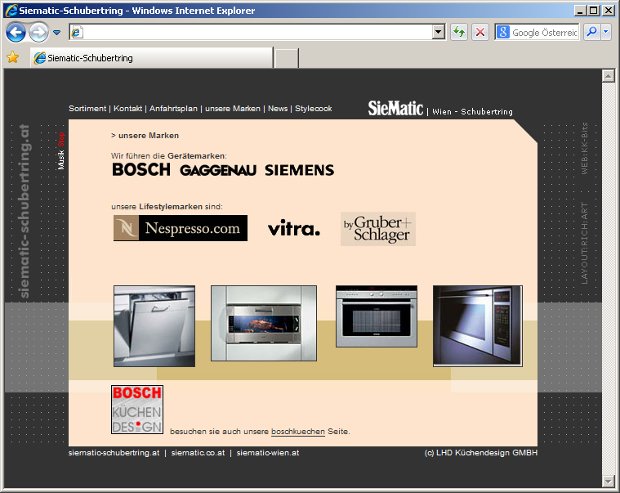 SieMatic-Webseite von 2004 mit Küchengeräten und Markenlogos