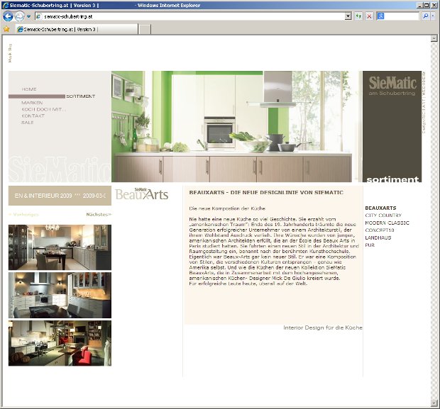 SieMatic-Webseite mit heller Musterküche und Bildergalerie