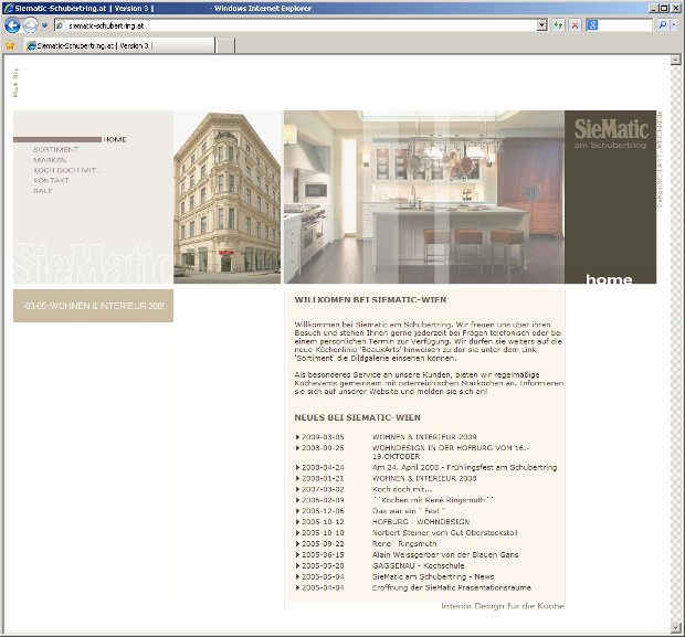 SieMatic-Webseite mit Foto des Küchenstudios und Information zum Standort