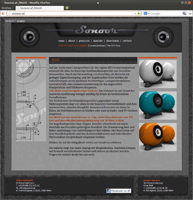 Sonoor-Webseite mit Fotos farbiger Keramik-Lautsprecher