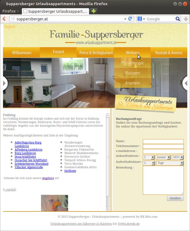 Familie-Suppersberger-Webseite mit Foto eines Wohnzimmers und Apartmentliste