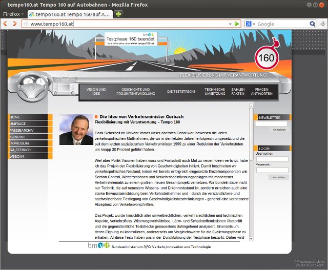 Tempo-160-Webseite mit Bericht zur Testphase