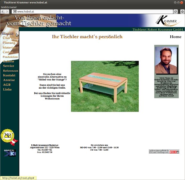 Startseite der Tischlerei Robert Kramer mit Foto eines Holztisches