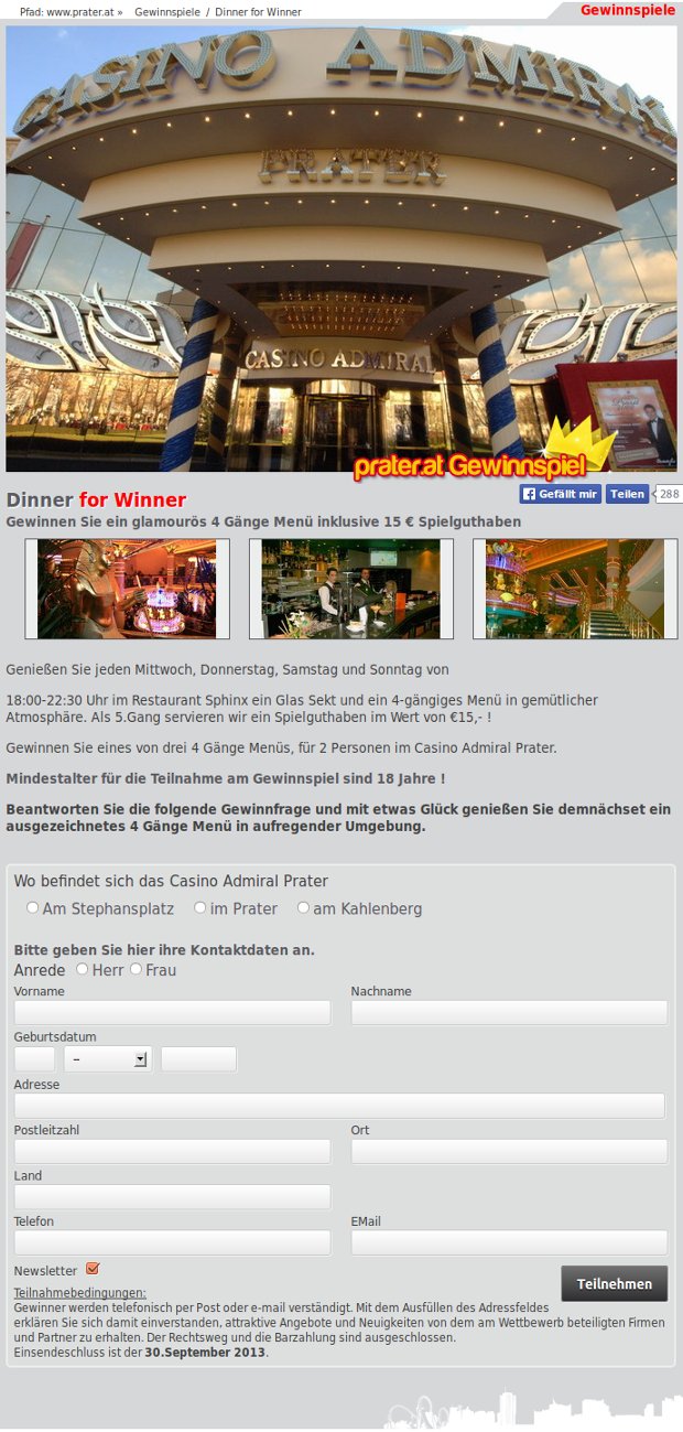 Gewinnspielseite des Casino Admiral Prater mit Foto des Eingangs und Teilnahmeformular