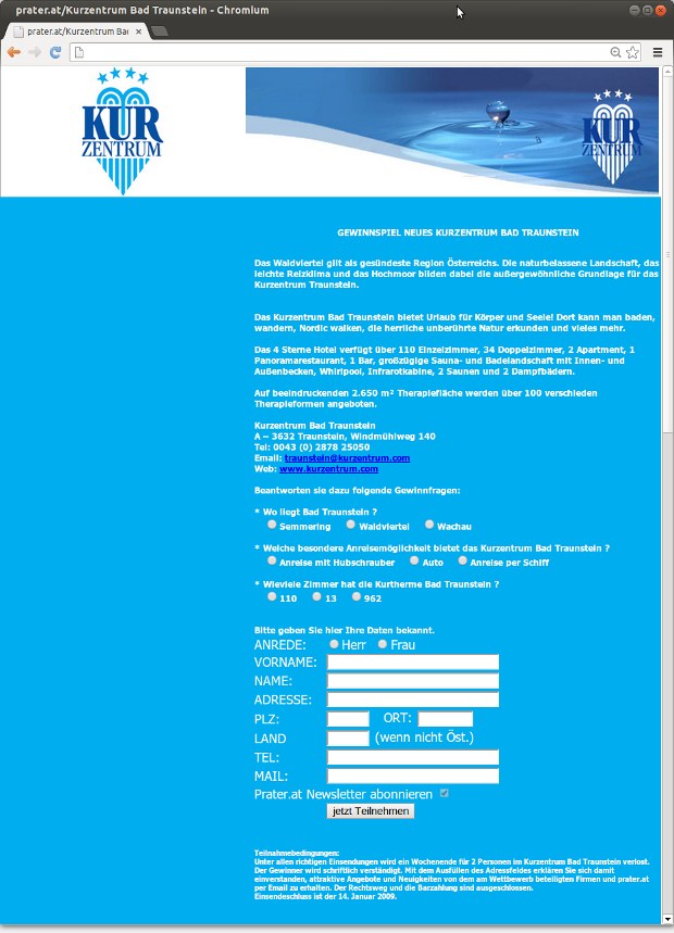 Gewinnspielseite des Kurzentrums mit blauem Layout und Teilnahmeformular