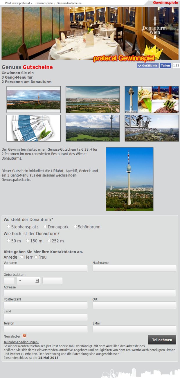 Donauturm-Gewinnspielseite mit Fotos des Turms und Teilnahmeformular