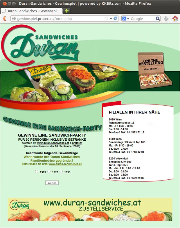 Duran-Sandwiches-Gewinnspielseite mit Sandwichfotos und Teilnahmeformular