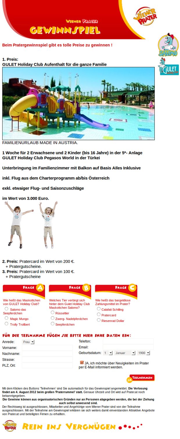 Praterrummel-Gewinnspielseite mit Bildern von Fahrgeschäften und Formular