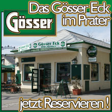 Werbebanner für das Gösser Eck im Prater mit Foto des Lokals