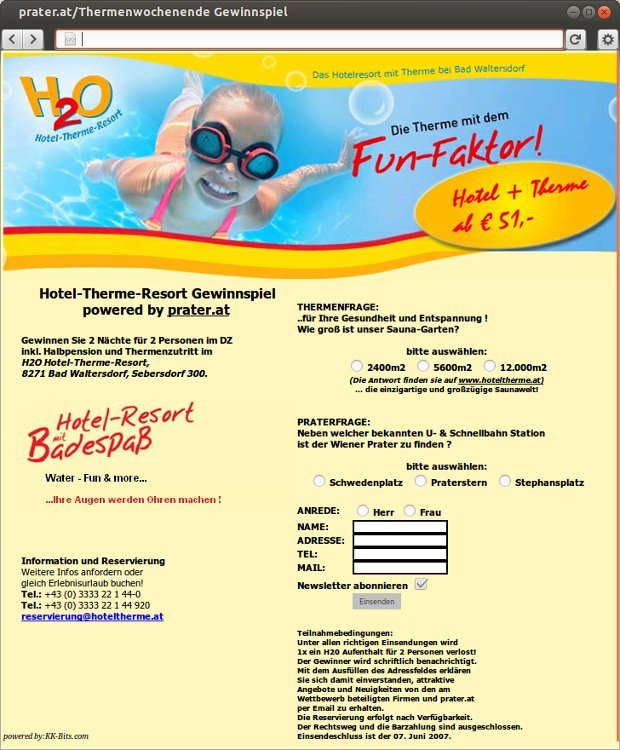 H2O-Therme-Gewinnspielseite mit schwimmendem Kind und Teilnahmeformular