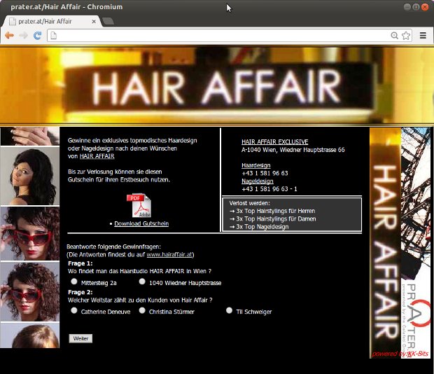 Hair-Affair-Gewinnspielseite mit Salonfotos und Teilnahmeformular