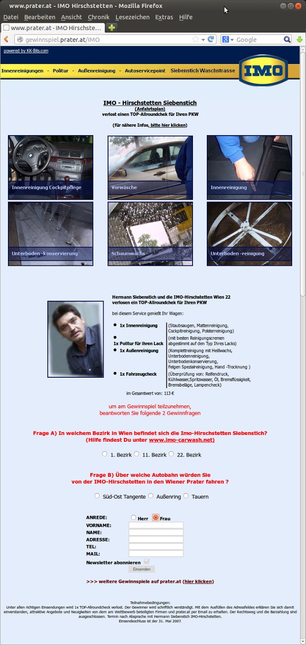 IMO-Carwash-Gewinnspielseite mit Autowaschfotos und Teilnahmeformular