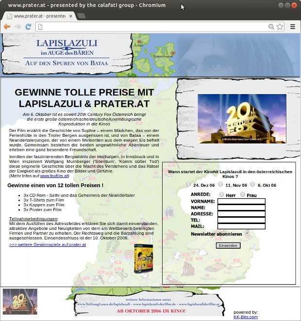 Lapislazuli-Gewinnspielseite mit Filmplakat und Teilnahmeformular