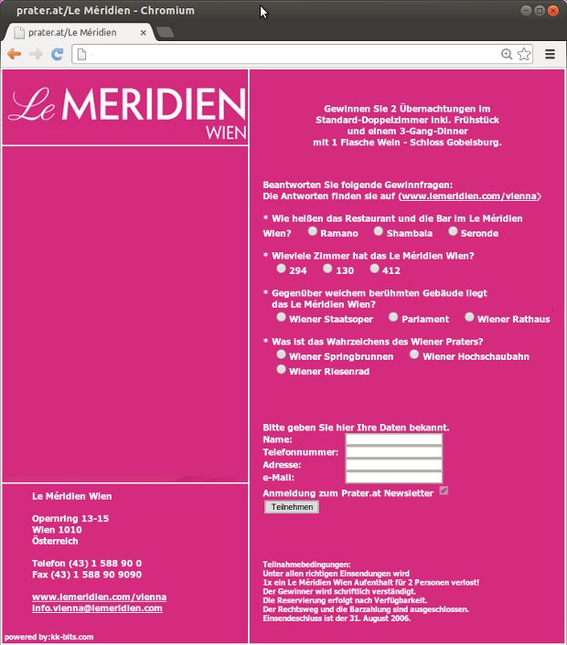 Le-Méridien-Gewinnspielseite mit pinkem Layout und Teilnahmeformular