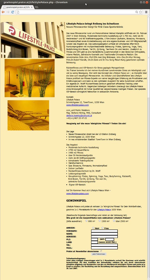 Lifestyle-Palace-Gewinnspielseite mit Innenraumfotos und Teilnahmeformular