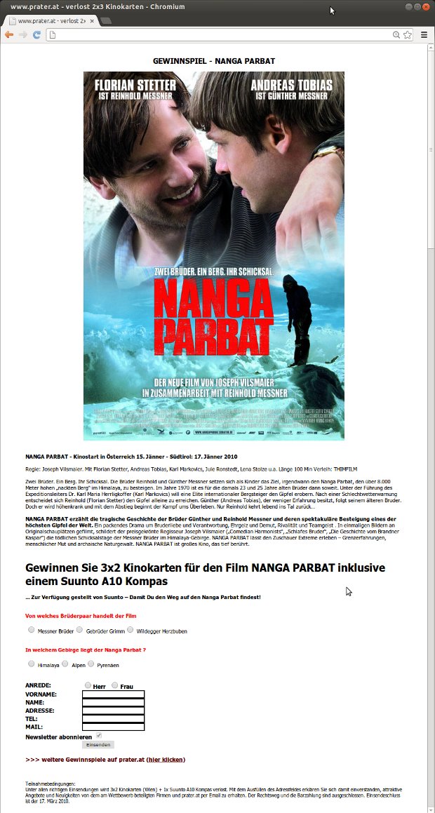 Gewinnspielseite zum Film Nanga Parbat mit Filmplakat und Teilnahmeformular