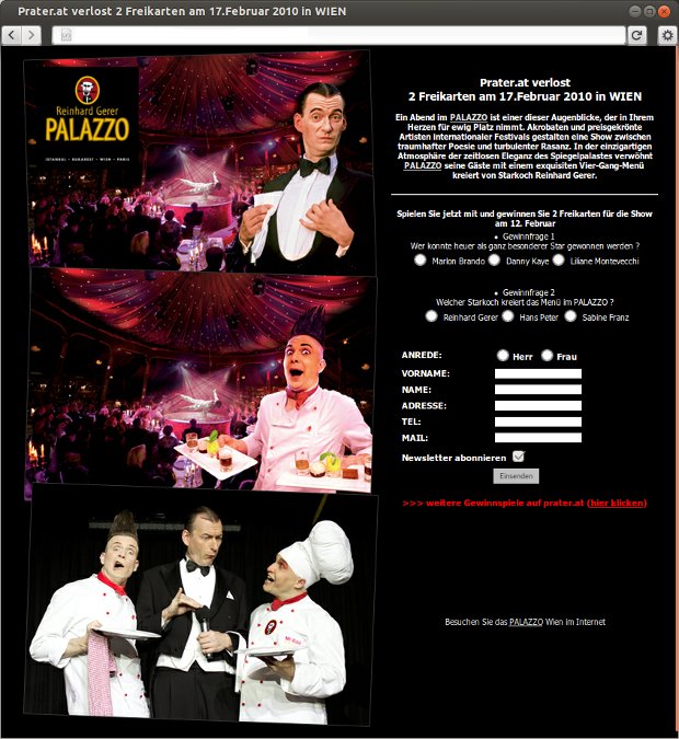 PALAZZO-Gewinnspielseite mit Künstlerfotos und Formular für die Teilnahme
