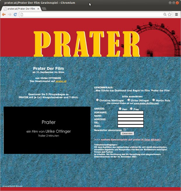 Webseite zum Film Prater mit rotem Titelbereich und Formular