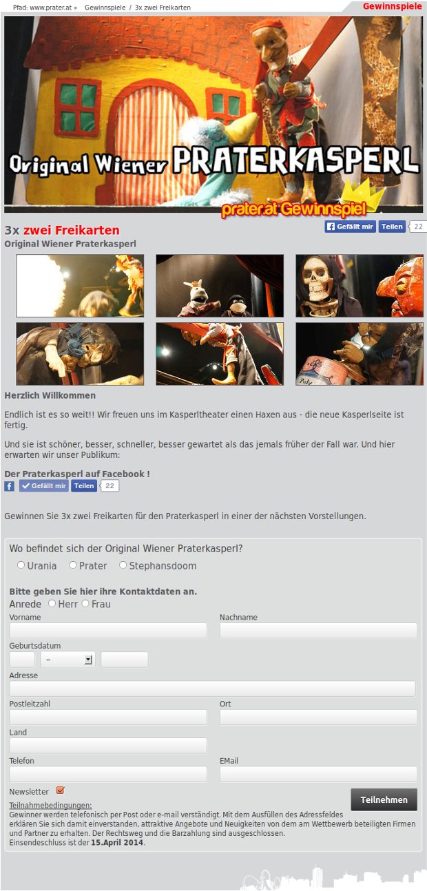 Praterkasperl-Gewinnspielseite mit Bildern vom Puppentheater und Teilnahmeformular