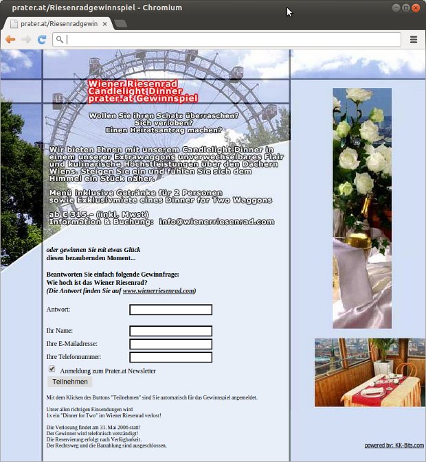 Riesenrad-Gewinnspielseite mit Foto des Wiener Riesenrads und Formular