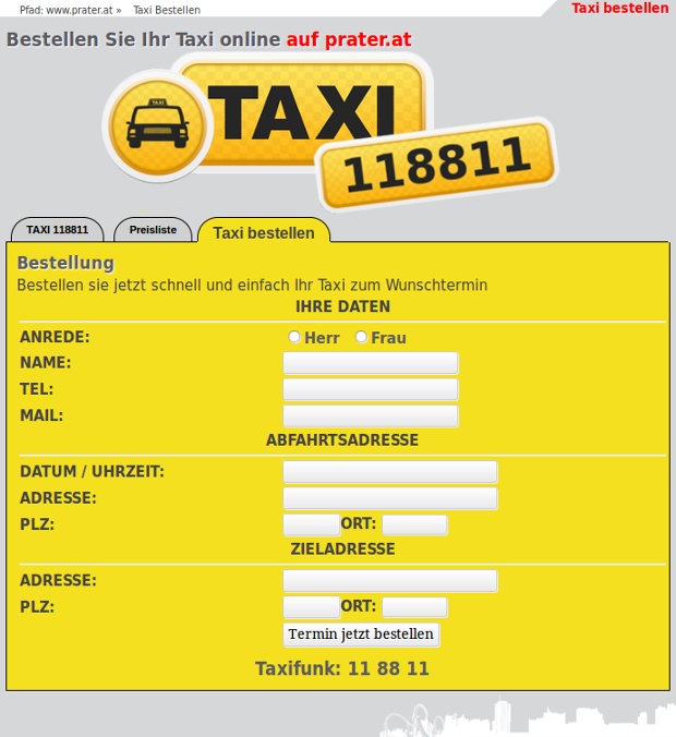 Gelbes Online-Formular zur Taxibestellung mit Abfahrts- und Zieladresse