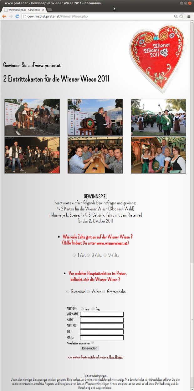 Wiener-Wiesn-Gewinnspiel 2011 mit Veranstaltungsfotos und Teilnahmeformular