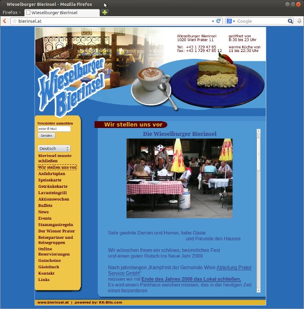 Wieselburger-Bierinsel-Webseite mit Foto vom Gastgarten