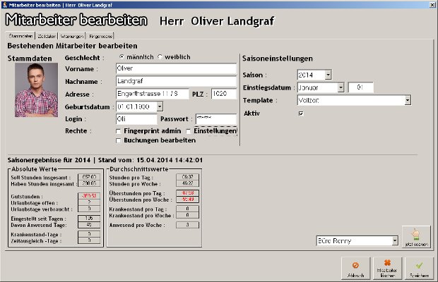 X-Times-Formular mit Stammdaten und Urlaubskonto eines Mitarbeiters