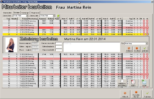 X-Times-Bearbeitungsmaske mit Zeitdaten einer Mitarbeiterin