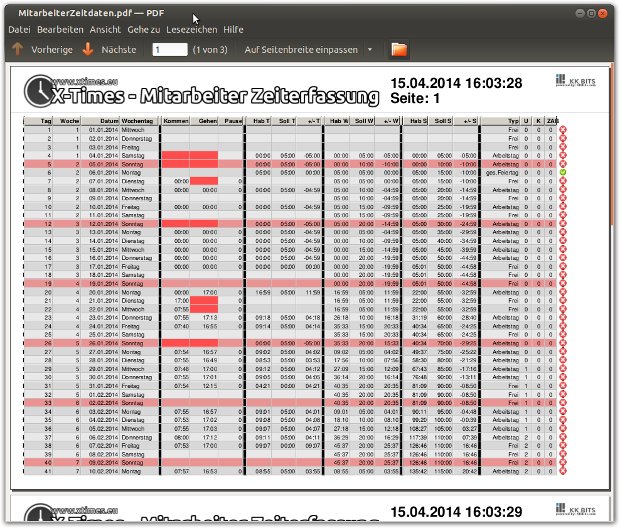 PDF-Export einer Mitarbeiter-Zeiterfassung aus X-Times